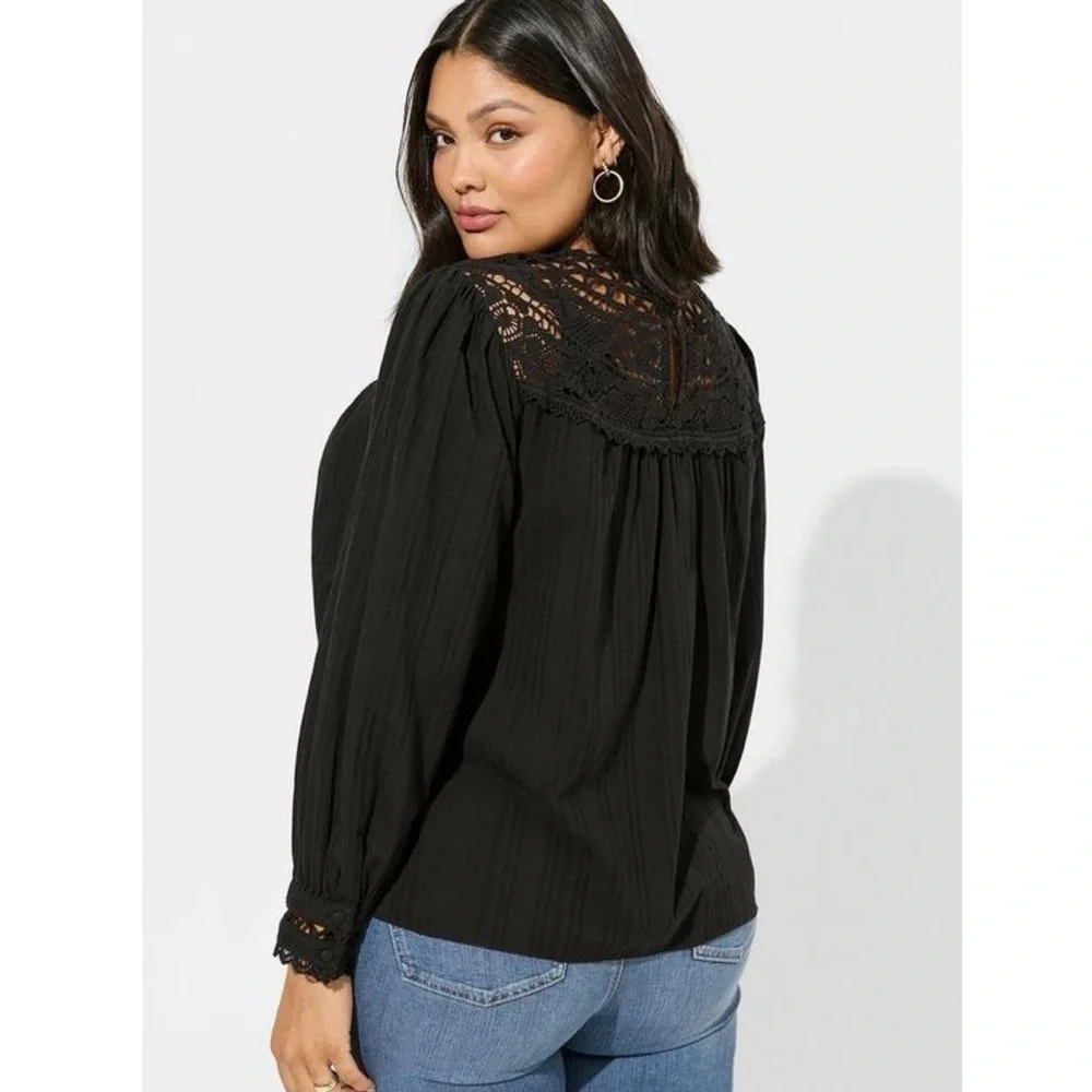 Torrid Black Cotton Lace Yoke Blouson Sleeve Peasant Boho Blouse 2X Coquette